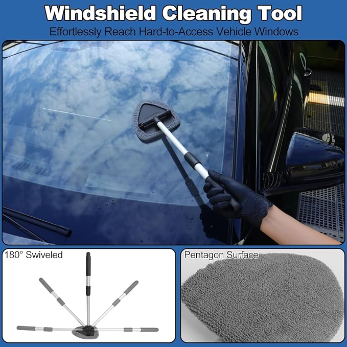 NIKCOSMK Windshield Cleaner Tool, 14Pcs Car Cleaning Kit - Car Interior Detailing Kit with Extendable Handle, Cleaning Gel & Microfiber Pads, All-in-One Inside Car Cleaning Supplies for Women Men