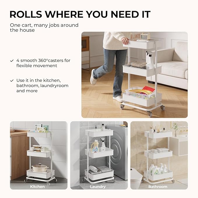 3 Tier Modern Metal Rolling Tool Cart with Silent Casters, 17.72×12.40×35.04 inch Heavy Duty Organization Truck Trolley Organizer for Office, Living Room, Kitchen, (White)