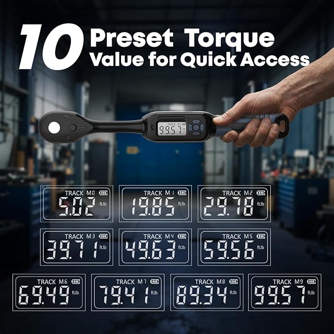 3/8 Torque Wrench Digital (5.02-99.6 Ft.Lb) ±2% High accuracy Digital Inch Pound Torque Wrench 3/8 Drive with Buzzer and Colorful LED Indicator/Track Mode for Moto Auto Car