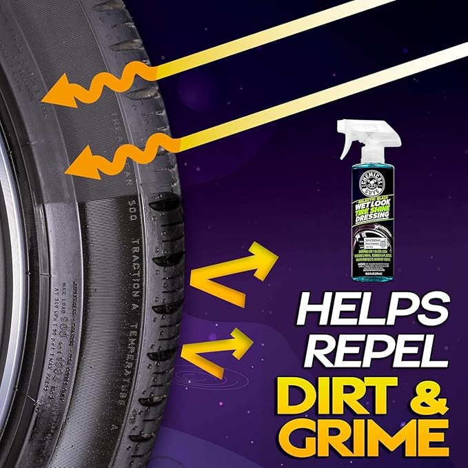 Chemical Guys Galactic Black Wet Look Tire Shine Dressing, 16 fl oz + Wonder Wave Durafoam Contoured Large Tire Dressing Applicator Pad, Pack of 2 - HOL457