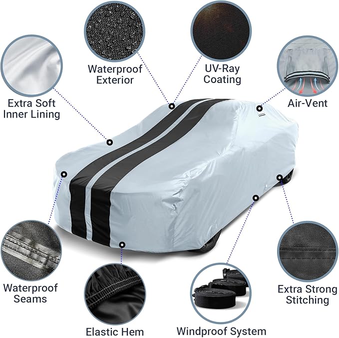 iCarCover Premium Car Cover for 1953-1967 Fia t 1100, 1200 Heavy Duty Waterproof All Weather Automobiles Custom Fit Full Exterior Indoor Outdoor UV Snow Rain Protection Covers (Stripe - Gray/Black)