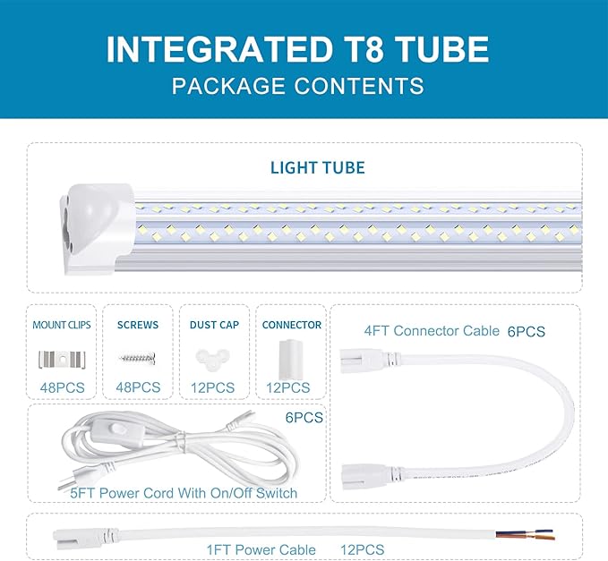 8FT LED Shop Light Fixture (12-Pack) - 120W Linkable T8 Tube Lights, 6000K Cold White, V-Shape Clear Cover - High Output Plug & Play Lighting for Garage, Warehouse, Workshop