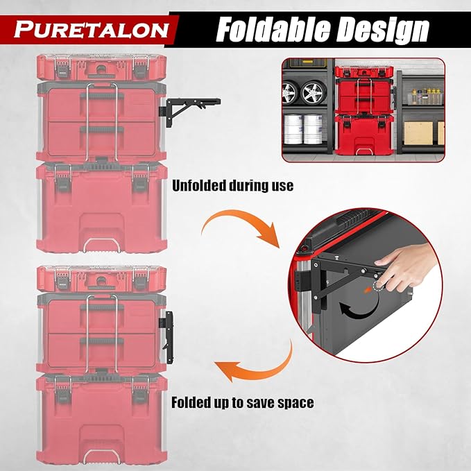Pre-Installed Magnetic Folding Table Compatible with Milwaukee Packout Toolbox, Side Storage Tray Metal Foldable Storage Bracket for Milwaukee Packout Toolbox Accessory