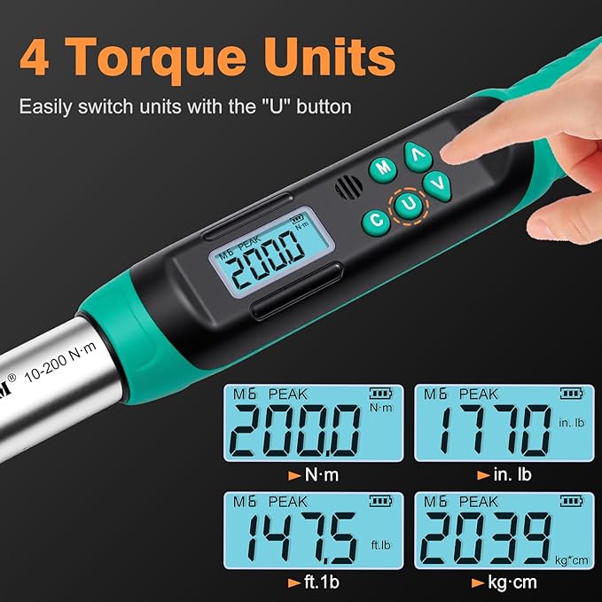 Digital Torque Wrench 1/2 Drive, 7.4–147.5 Ft-lbs / 10–200 N·m, ±2% Accuracy, Dual-Direction Ratchet, Electric Torque Wrench with Buzzer & LED Indicator for Bike, Motorcycle, Auto Repair