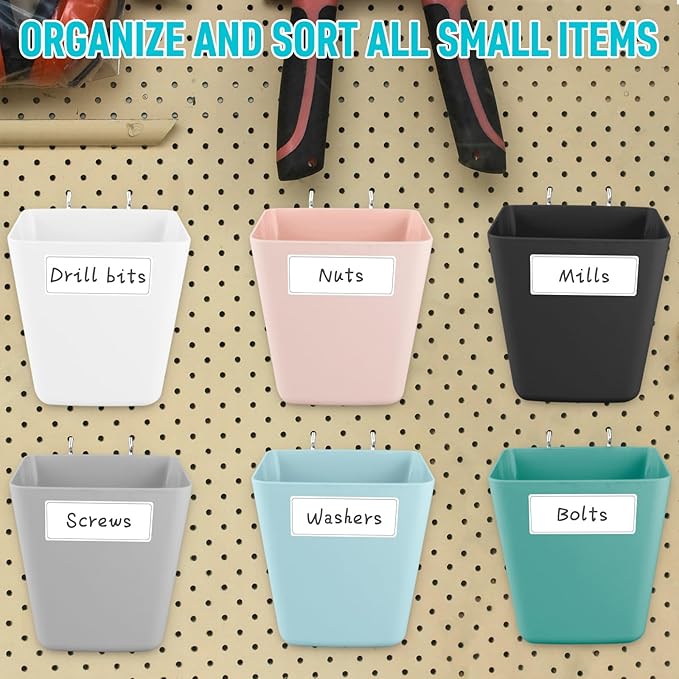 G.CORE Large Pegboard Cups Peg Board Storage Bin 6 Pack with Hooks, Square Box Shape Pegboard Cup Holder Accessories for Garage Workbench/Craft Room/Office/Playroom/Home Kitchen Organization (Mixed)