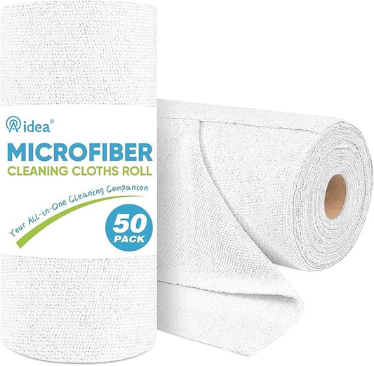 AIDEA Microfiber Cleaning Cloth Roll, White 50PK, Tear Away Reusable Paper Towels, Commercial Shop Rags, Microfiber Towels for Cars, Lint Free Rags for House, Kitchen, Automotive, 11.5"×11.5"