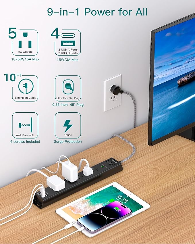 10Ft Surge Protector Power Strip - Extension Cord with Multiple Outlets, 5 Widely Outlets 4 USB Ports, Wall Mount, Flat Plug, Desk Charging Station for Home Office College Dorm Room Essentials
