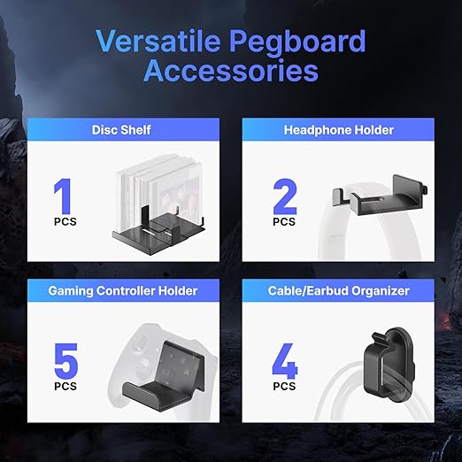 PEGZONE Controller and Headphone Holder Wall Mount, Modular Gaming Pegboard with Accessories, Controller Stand for Xbox PS5 PS4 Switch, Video Game Storage, Disc Shelf, 7pcs Pegboard, Black & White