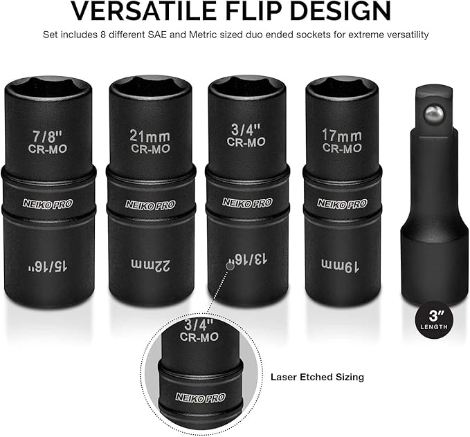NEIKO 02282B 1/2-Inch-Drive Impact Socket Set, Flip Socket Set, Chrome Moly Steel, Includes 3-Inch Bar Extension, 8 Deep SAE and Metric Sizes, 5 Pieces