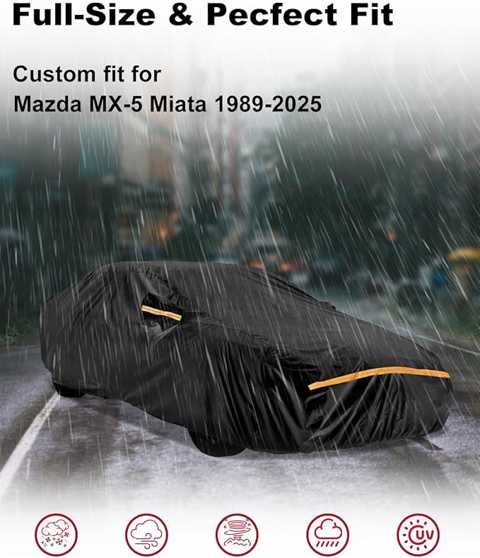 Car Cover for Mazda MX-5 Miata 1989-2025 | Heavy Duty Outdoor Full Exterior Cover | Sun, Rain, UV, Dust, and Snow Protection with Door Zipper (Black)