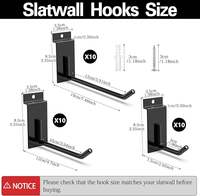3-H Slatwall Hooks 30PC,3/5/7 Inch,Extra Large Thick Backplate (3.35×1.38 x 0.08 Steel),Heavy Duty Smooth Glide,Compatible with Proslat,Crownwall &Standard Slatwall Panels for Garage,Retail Display