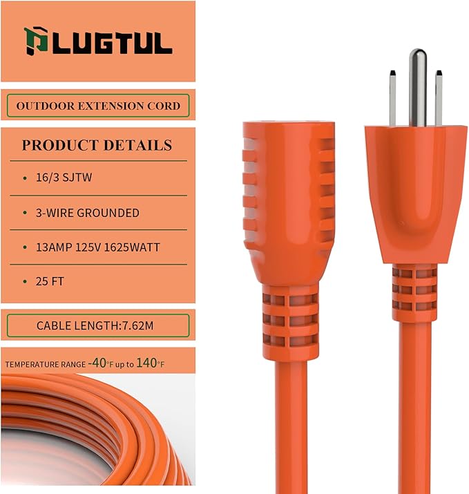 Outdoor Extension Cord 25 FT Waterproof, 16/3 Gauge Heavy Duty 3 Prong Extension Cord, 13A 1625W SJTW, ETL Listed, Great for Garden and Home, Orange