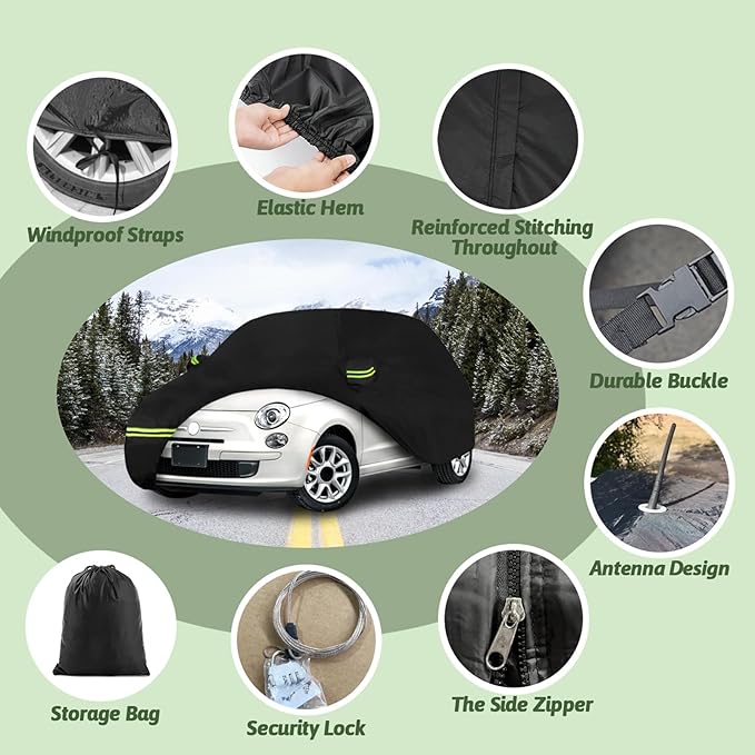 Car Cover for 2007-2025 Fiat 500/500C/500E Abarth/New Fiat 500 (Hatchback/Cabrio/3+1), 210T Waterproof Sun Rain Dust Snow Protection Outdoor Fiat Car Cover with Cotton Lining and Zipper Door-Black