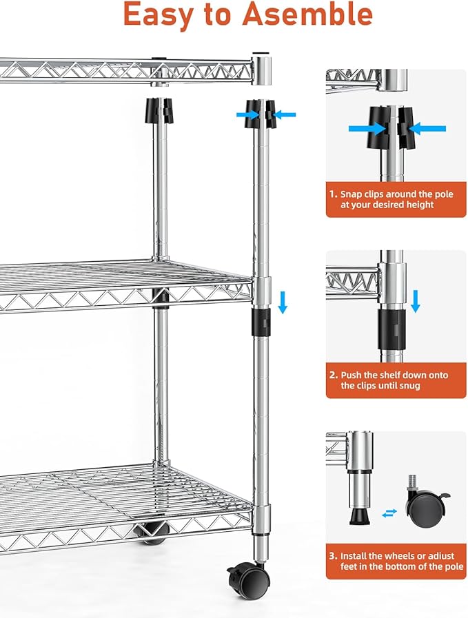 Simple Deluxe 3-Tier Storage Shelves, 750 Lbs Loading Capacity, 24.02" W x 13.78" D x 29.92" H Shelving Unit for Garage, Pantry and Kitchen, Chrome