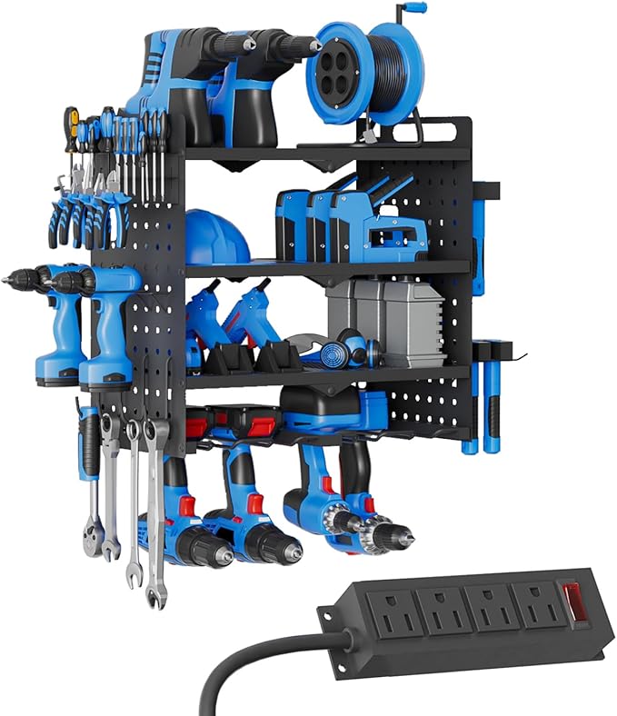 Power Tool Organizer Wall Mount with Charging Station, Drill Holder, Heavy Duty Storage Utility Racks, Supports 600 lbs,Battery Shelf for Garage and Workbench (16 Inch 4 Drills Holder)