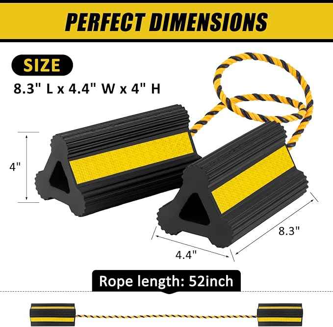 Heavy Duty Wheel Chocks - Wheel Stoppers for Trailer Travel Trailers RV Aircraft Car Camper Truck, Non Slip Rubber Wheel Block with Nylon Rope Yellow Reflective Tape(2 Pair)