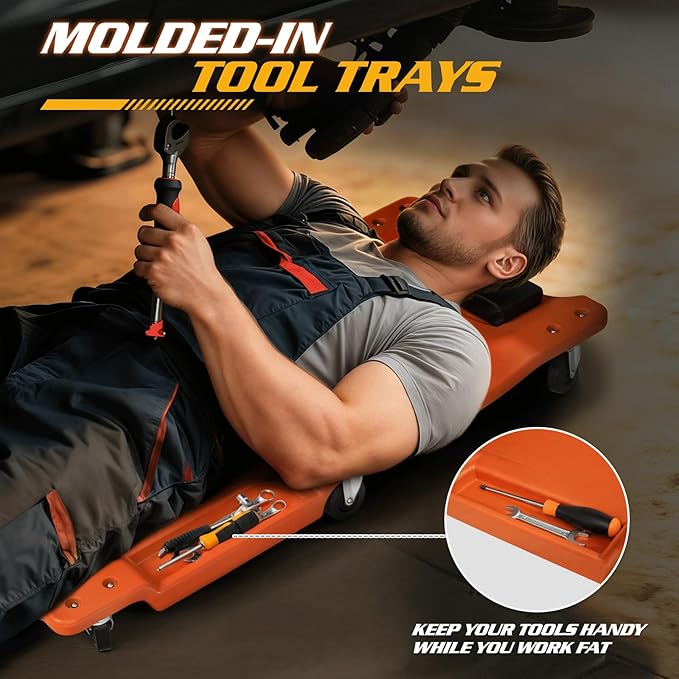 Magshion Mechanic Creeper with Padded Headrest and Tool Tray, 330 lbs Capacity Rolling Garage Shop Creeper with 6 Wheels, Lightweight and Portable Automotive Creeper (Orange)