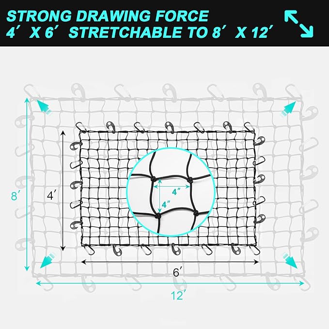Cargo Net for Pickup Truck Bed, 4'x6' Stretches to 8'x12' Natural Latex Core Heavy Duty Bungee Cargo Net with 12 Carabiners +12 ABS Hooks, Compatible with Ford, Dodge, Chevrolet, Toyota, GMC