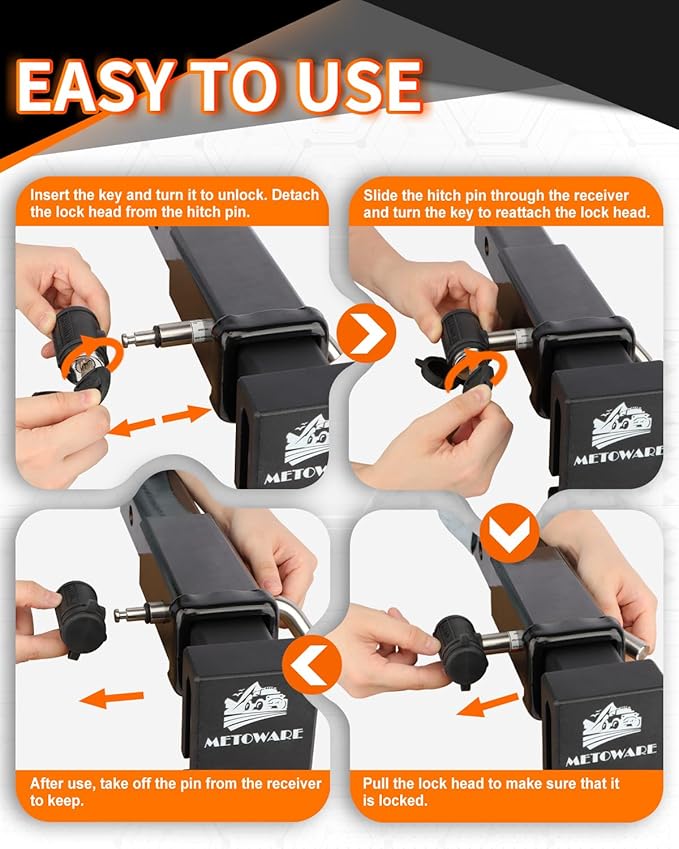 METOWARE Swivel Head Receiver Lock for Class I-IV, 1/2” and 5/8” Dual Bent Pin, Compatible with Most Hitches for Trailer, Truck, Car