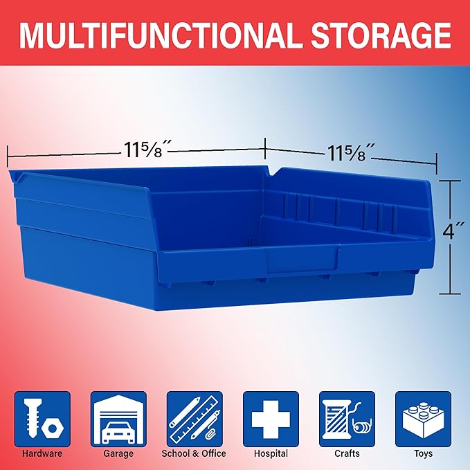 Akro-Mils 30170 Plastic Shelf Bins, Heavy Duty Storage Bins for Garage, Closet, and Drawer Organization, 12-Inch x 11-Inch x 4-Inch, Blue, 12-Pack