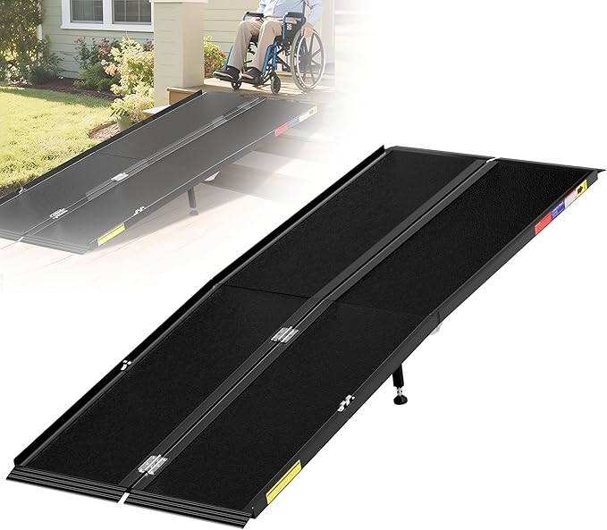 7FT Portable Wheelchair Ramp with Sopport Legs, Black Seamless Non-Slip Aluminum Folding Handicap Ramp,Threshold Ramp for Doorways, Wheel Chair Ramp for Home Steps