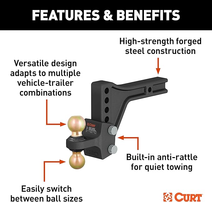 CURT 45937 HD Adjustable Hitch Ball Mount with Dual Ball, 2-1/2" Shank, Up to 20,000 lbs