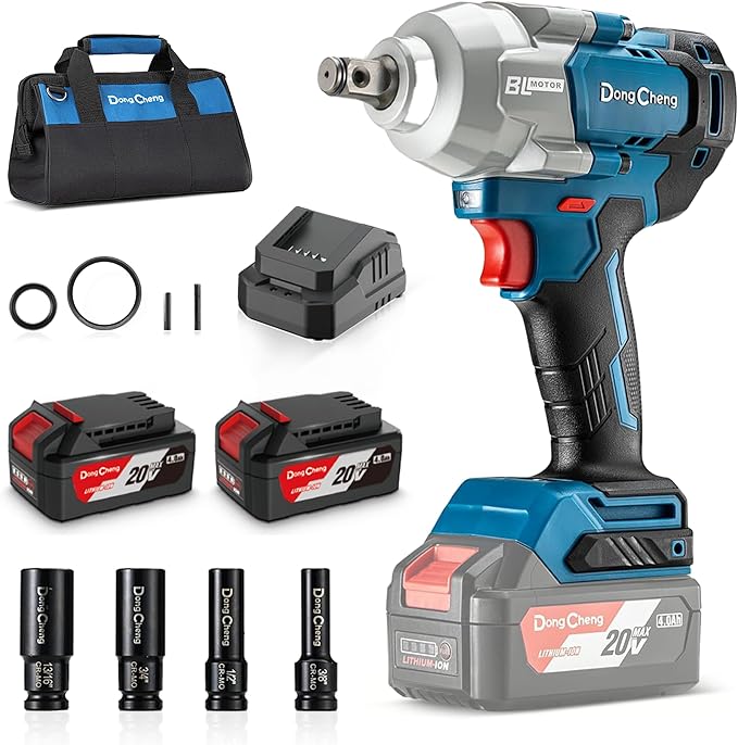 Dong Cheng 20V Brushless Impact Wrench, 670 ft-lbs (910N.m) Max Torque, 1/2 inch 4-Speed 2200RPM Cordless Impact Gun with Tool Bag, 2x4.0Ah Battery & Charger for Bolts on Cars, Trucks.etc