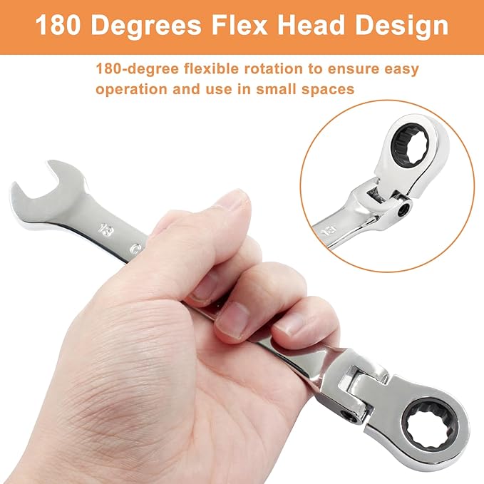 Piutouyar 13mm Flex-Head Ratcheting Wrench, Professional Metric Ratchet Wrench Combination Wrench Box Ended Spanner Tool for Projects Repair(5° Movement and 72 Teeth 12 Point, CR-V)
