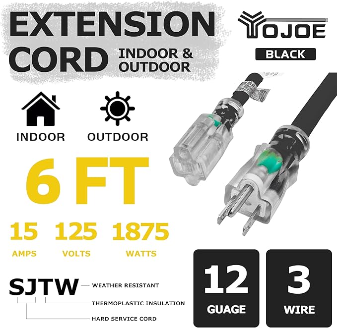YOJOE Indoor Outdoor Extension Cord with Lighted End, 3 Prong 15A Weatherproof Power Cord, 12 Gauge Heavy Duty 6 ft Black Extension Cord for Garage, Garden and Home, 12/3 SJTW UL Listed