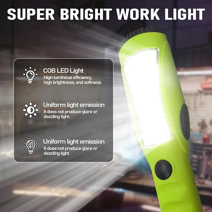 EP 15 Ft LED Work Light, 1200 Lumen COB LED Trouble Light - 16 Gauge SJTW Indoor Outdoor Extension Cord, Handheld, Magnetic Base, Rotatable Hanging Hook - Green