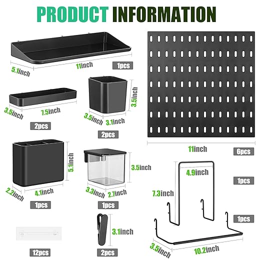 Unittype 17 Pcs Peg Board Combination Kit, 6 Plastic Wall Pegboard with 11 Accessories, 33" x 22" Desk Pegboard Organizer with Shelf Hook for Office, Kitchen, Gaming, Garage, Craft Room(Black)