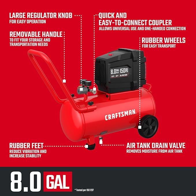 CRAFTSMAN Air Compressor 8 Gallon Oil-Free 1.8 HP Max 150 PSI Horizontal Tank with 10 PCS Accessories