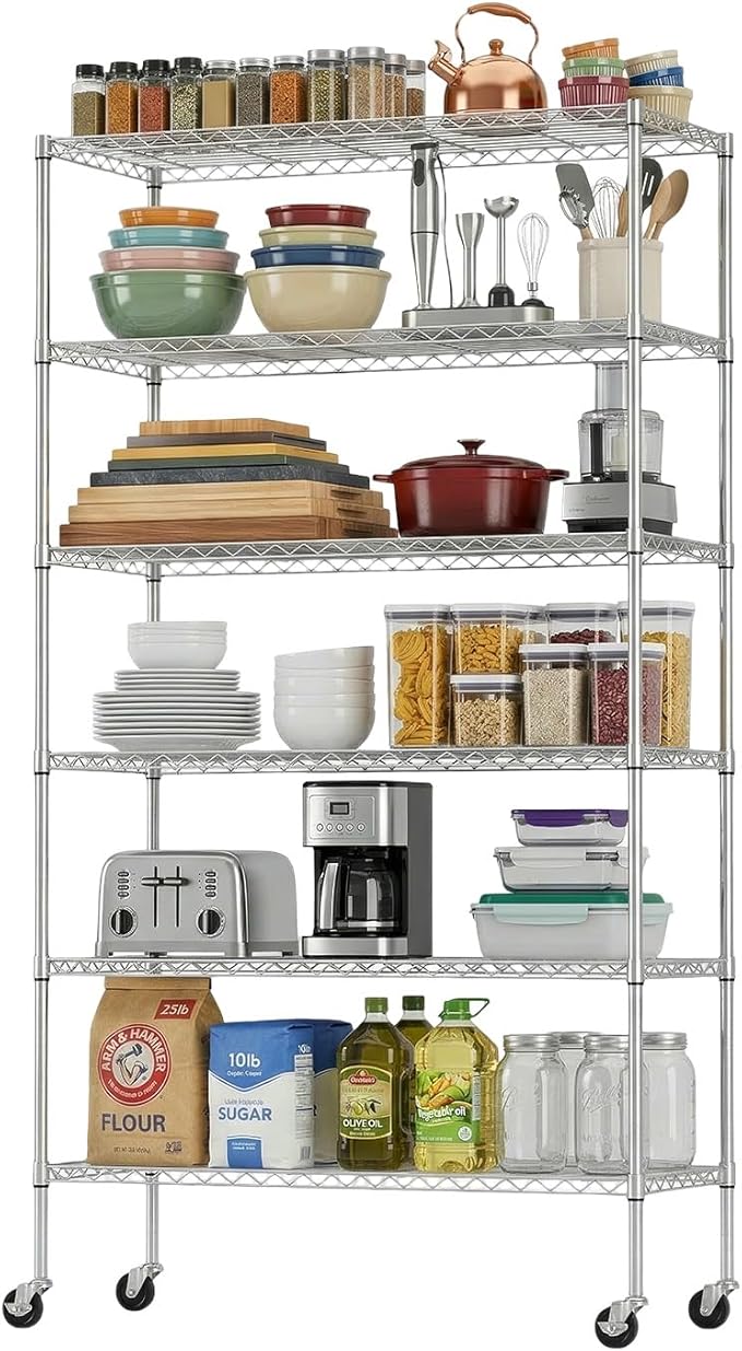 BestOffice | 6-Tier Wire Shelf with Wheels | 45"x18"x82" | Chrome | Adjustable Racks | Heavy-Duty Storage Shelves, Holds Upto 510 lbs | Rust-Resistant, No-Tool Assembly | for Home, Garage Shelving
