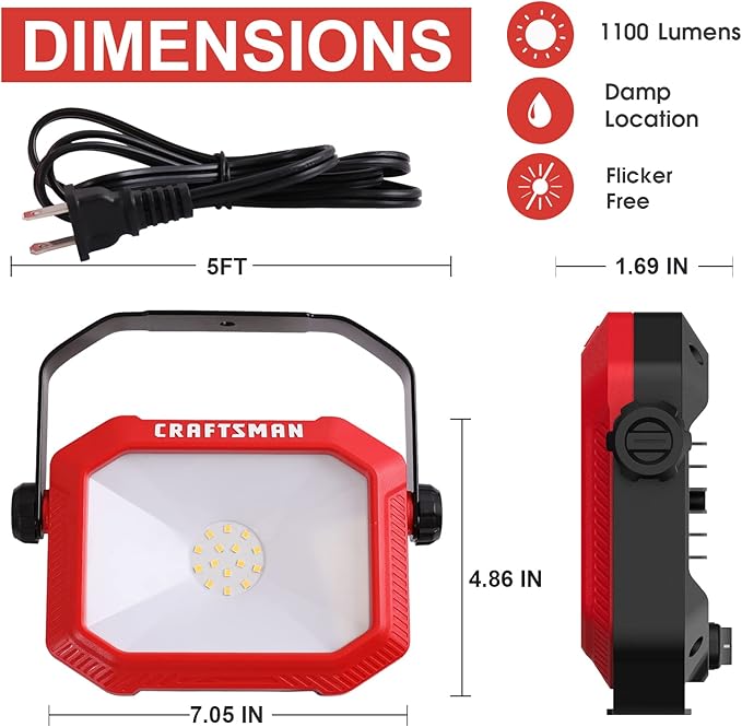 CRAFTSMAN 1100 Lumens 4000K LED Tiltable Portable Work Light in Red with 2-in-1 Adjustable Metal Rotating Stand and Handle, Impact-Resistant Glass Lens, 5FT Power Cord, ETL, Perfect for Job Site