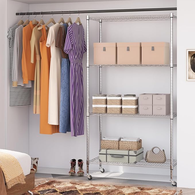 Homdox Heavy Duty 4-Tier Metal Shelving Unit with Adjustable Shelves, Rolling Storage Rack for Kitchen, Garage, Pantry, 36.02"x17.91"x74.41", Silver