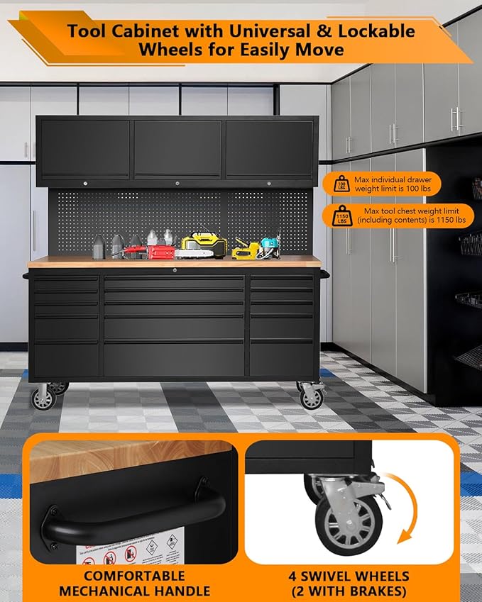 72 Inch Heavy-Duty Garage Workbench with 15 Drawers & 3 Cabinets, Steel Frame Workshop Table for Mechanics, Garage Organization, Large Tool Bench Storage with Pegboard, Black