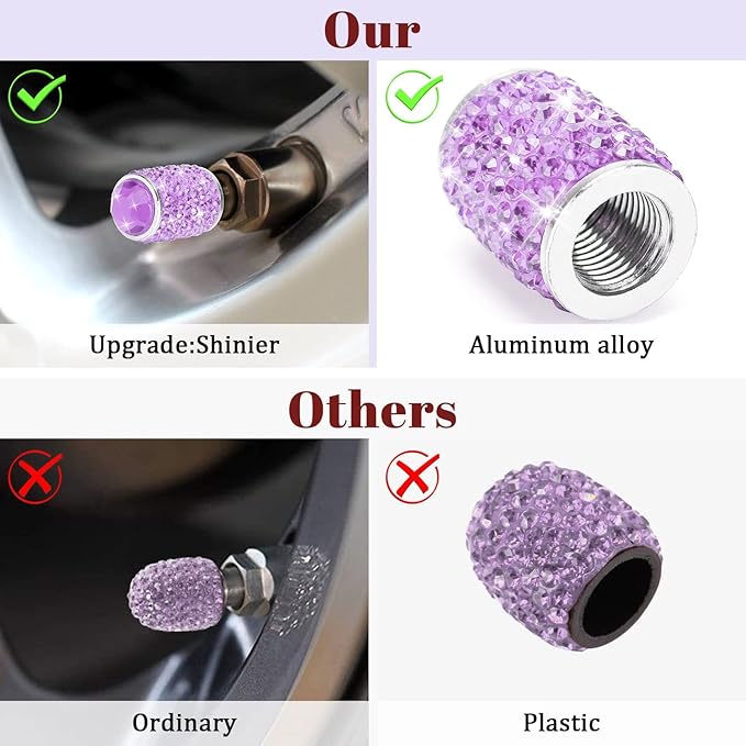 ToBeQueen Bling Purple Tire Valve Caps, 4 Pack Handmade Crystal Rhinestone Valve Stem Covers Universal Dustproof Car Accessories for Women for Car/SUV/Motorcycle/Bike(Purple)