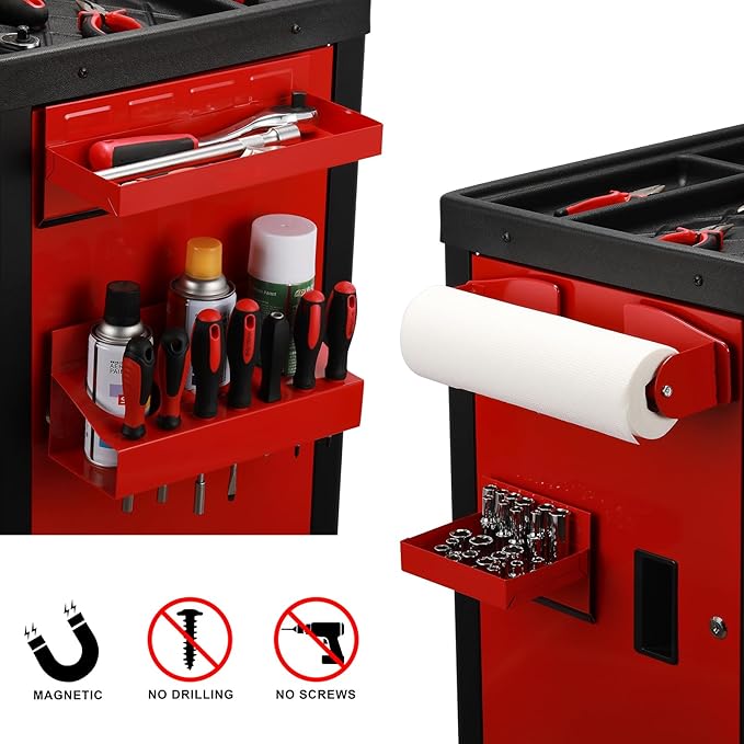 Mayouko Magnetic Toolbox Shelf & Tray Set, 4-Piece Tool Box Cabinet Side Shelf Storage, Workshop, Spray Can & Tissue Holder, Red