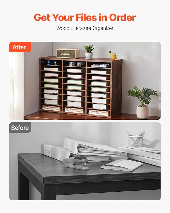 VEVOR Literature Organizer, 27 Compartments Office Mailbox with Removable Shelves, Wood Mailbox Sorter Particle Board Office Home Classroom Storage, File Sorter for File, Document, Paper, Dark Brown