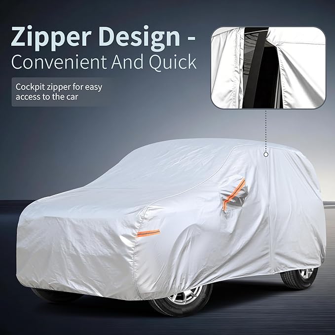 Car Cover Waterproof All-Weather,Heavy-Duty Outdoor Full Exterior Automobiles Snow Cover for SUV 202-218 inch,with Sun Visor,Anti-Scratch Cotton Lining & Zippered,Towel&Storage Bag
