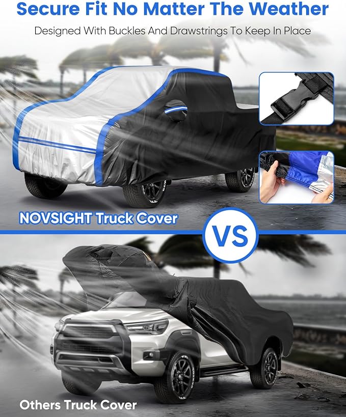 NOVSIGHT Waterproof Pickup Truck Cover for Full-Size Trucks, Heavy Duty 10-Layer All Weather Outdoor Cover with Windproof Straps, Fits 242-255 in, for F150 Silverado 1500 Sierra 1500 Ram 1500