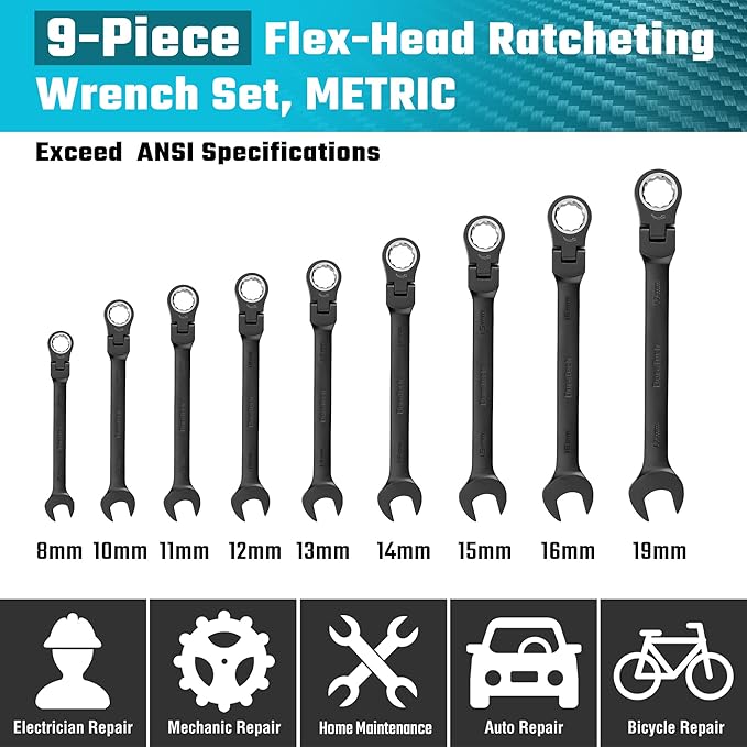 DURATECH 9-Piece Flex-Head Ratcheting Wrench Set, Combination Wrench Set, 72 Tooth, Metric, 8, 10, 11, 12, 13, 14, 15, 16, 17mm, Black Electrophoretic Coating, CR-V Steel, with Rolling Pouch