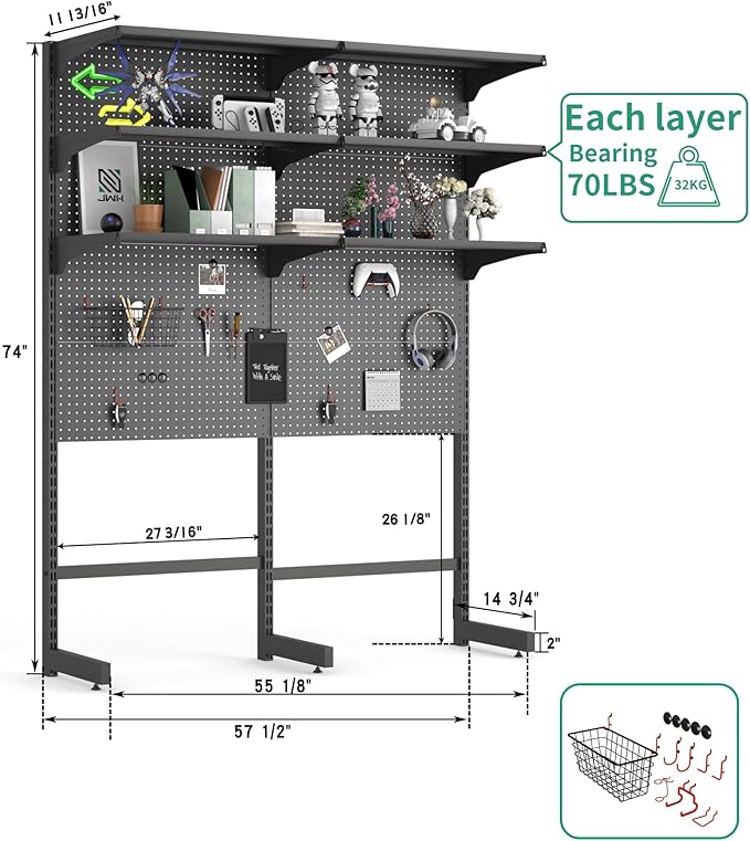 JWX DDB Gaming Pegboard Standing Shelf Units, Modular Pegboard and Shelf System with 15 Pieces Organizer Tool Holders
