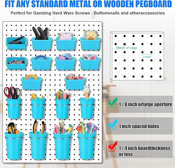 Sieral 64 Pieces Pegboard Bins Pegboard Cups with Hooks and Loops Peg Hooks Assortment Organizer Accessory for Organizing Accessories Tools Storage Office Workshop Garage Workbench (Blue)