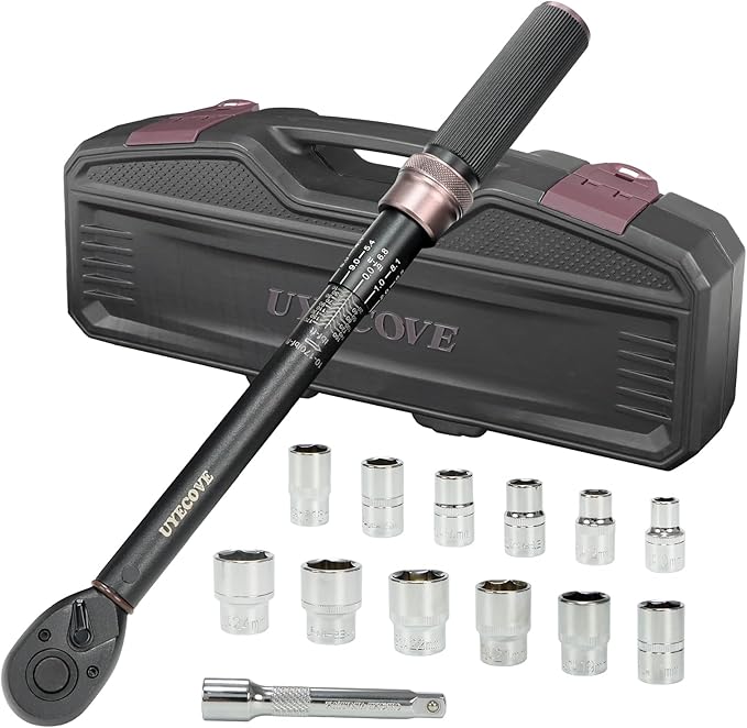 14Pcs 1/2-Inch Drive Click Torque Wrench Set 10-170 ft.lb/13.6-230.5 Nm, Dual-Direction Adjustable 72-Tooth Torque Wrench for Moto and Car Maintenance
