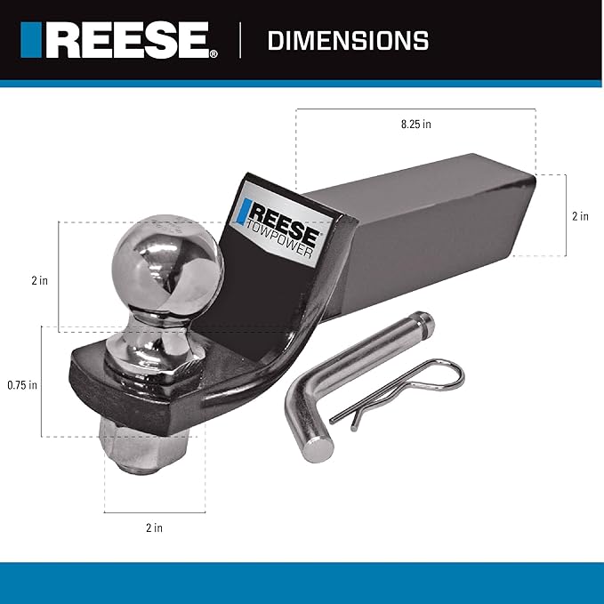 Reese Towpower 21536RAK Trailer Hitch Ball Mount Starter Kit, Fits 2 Inch Square Receiver, 2 Inch Drop, 6,000 lbs. Capacity, Includes 2 Inch Trailer Ball and Pin & Clip, Black