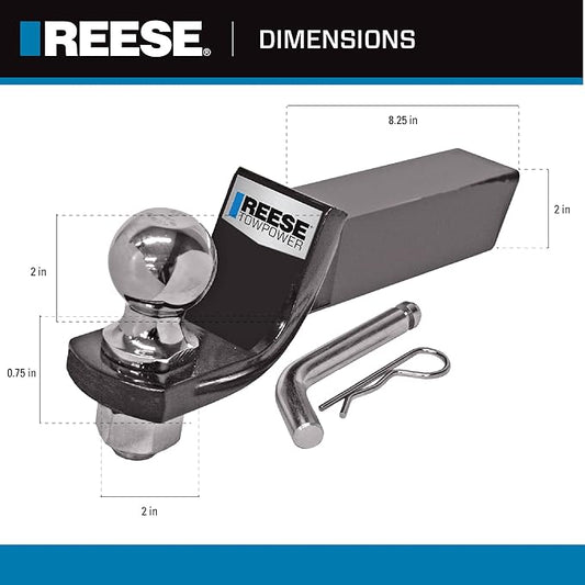 Reese Towpower 21536RAK Trailer Hitch Ball Mount Starter Kit, Fits 2 Inch Square Receiver, 2 Inch Drop, 6,000 lbs. Capacity, Includes 2 Inch Trailer Ball and Pin & Clip, Black