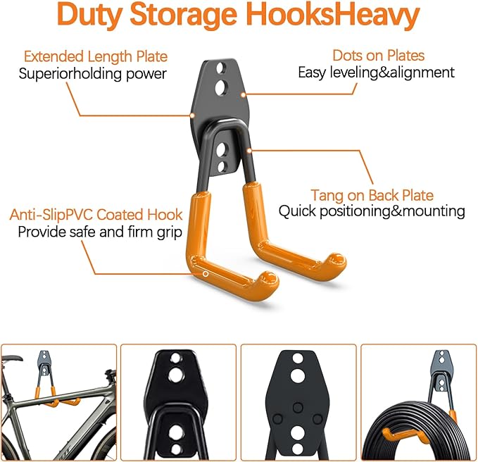 3-H Garage Wall Hooks Heavy Duty 8 Pack, Anti-Slip Steel Wall Mount Storage Hooks for Hanging Ladder Garden Yard Tools, Utility Organizer for Garage Lawn Shed(Orange)