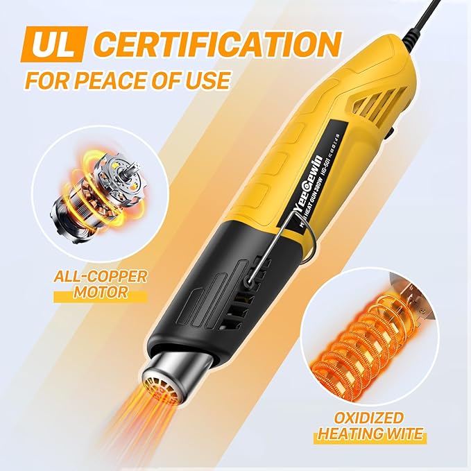 Mini Heat Gun 380W Fast Heat Hot Air Gun 2-Temp Settings 480°F-850°F(249°C-455°C) With Overheat Protection Reflector Nozzle, 4.9Ft Cable for Shrink Wrap, Vinyl, Crafts, Epoxy Resin (Yellow)