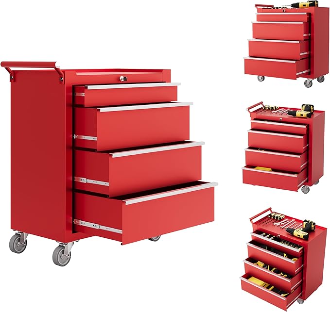 IDEALHOUSE Rolling Tool Chest, 4 Drawers Tool Storage Cabinet, Toolbox with Wheels, Portable Tool Cabinet Organizer with Locking System & Drawer Liners, Tool Storage Cart for Garage, Workshop, Red